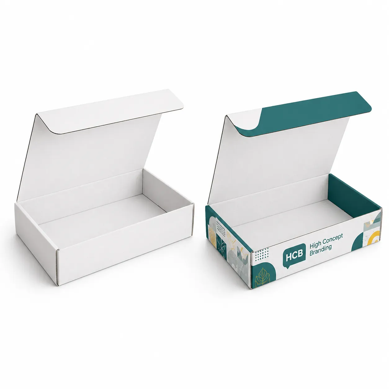 Open white and teal branded mailer boxes designed for professional e-commerce shipping and a premium unboxing experience. class=